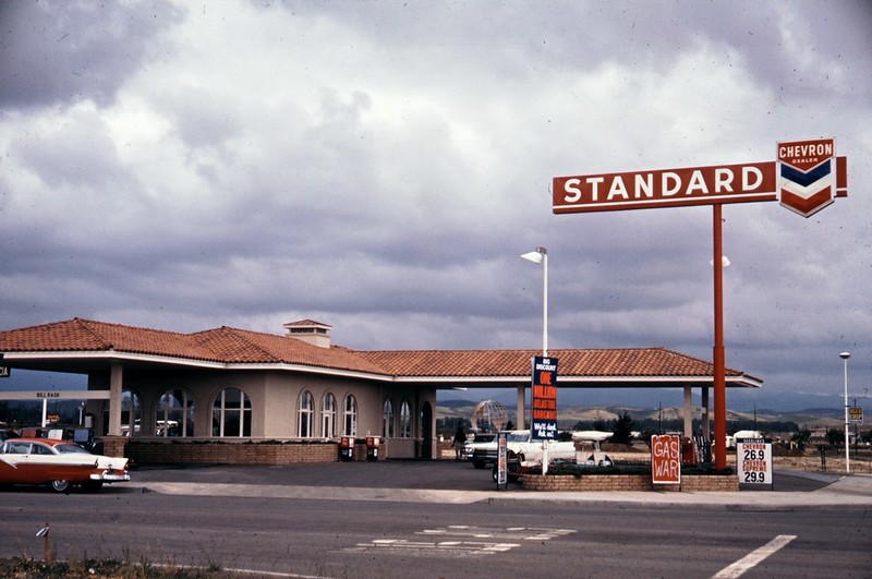 This is an image of a gas station in 1966 in Laguna Woods, CA