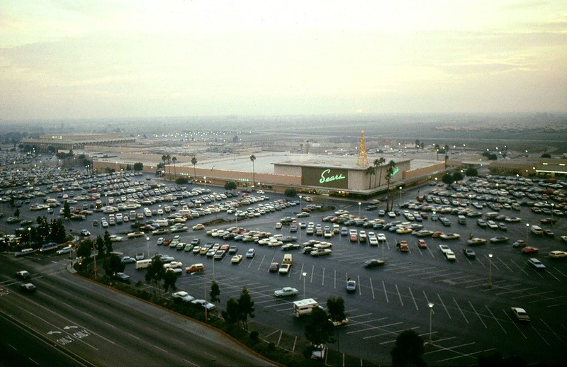 This is an image from the Orange County Archives of South Coast Plaza in Costa Mesa, CA in the 1980s. Overhead shot.