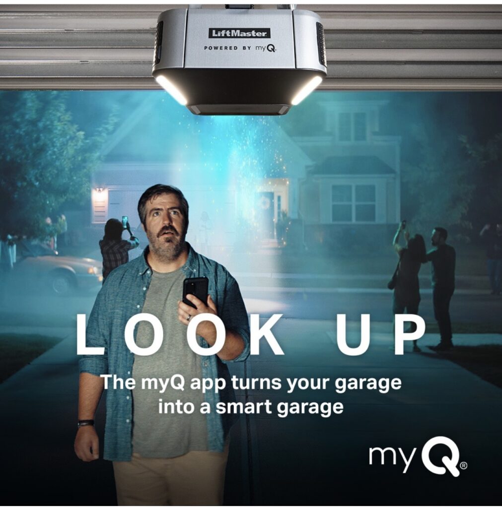 This is an advertisement for a MyQ smart home garage door opener.