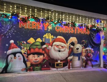 Garage door decorations featuring santa and friends.