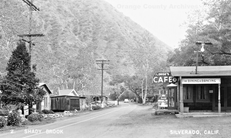 B&W photo of wooden buildings and Lorge's Cafe in Silverado, CA