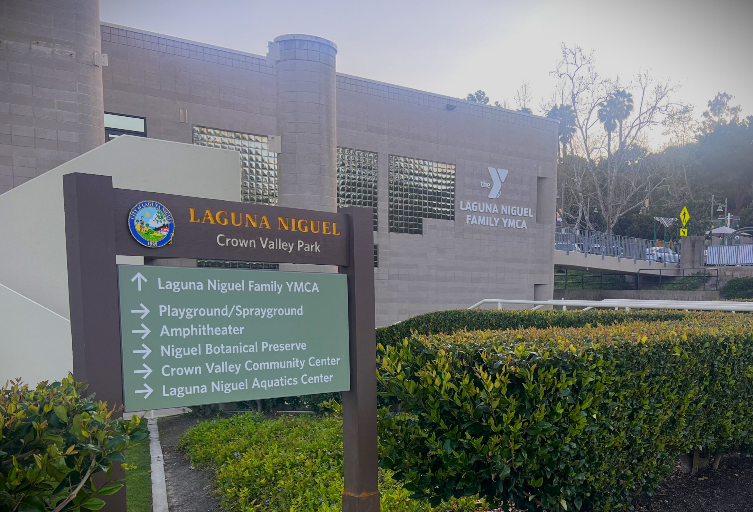 Laguna Niguel YMCA and Crown Valley Community Park sign.