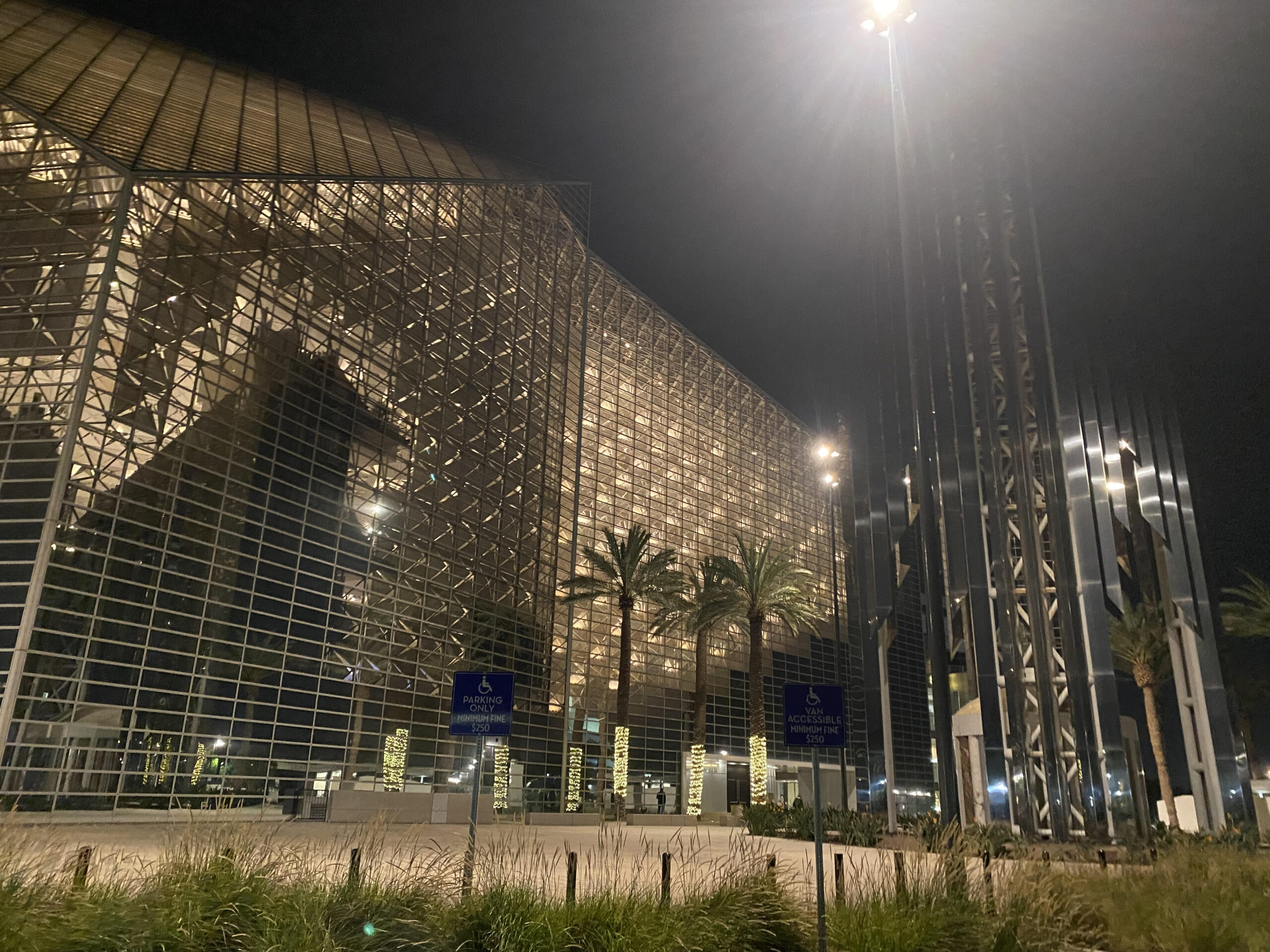 outside view of Crystal Cathedral in Garden Grove at night