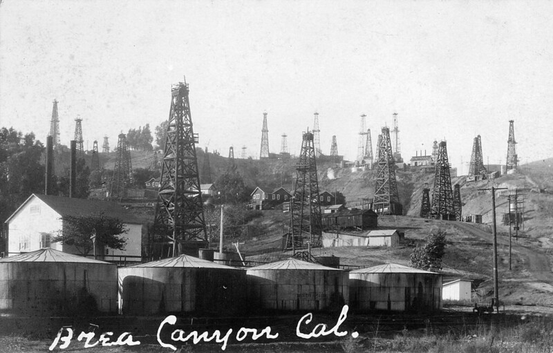 black and white image of brea oil fields