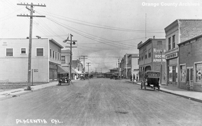 Black and white image of Placentia CA street in the 1920s