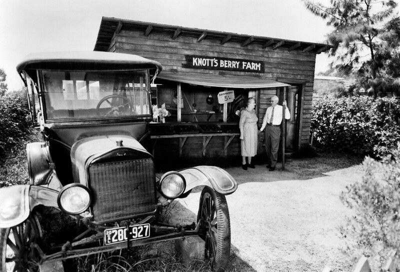 Knott's Original Berry Stand Walter and Cordelia Knott stand in front of their original berry stand at Knott's Berry Farm in Buena Park. In reality, several versions of the original berry stand were built over the decades. The license plates on the car in the foreground are from 1920, the year the Knott's came to Buena Park to grow berries.